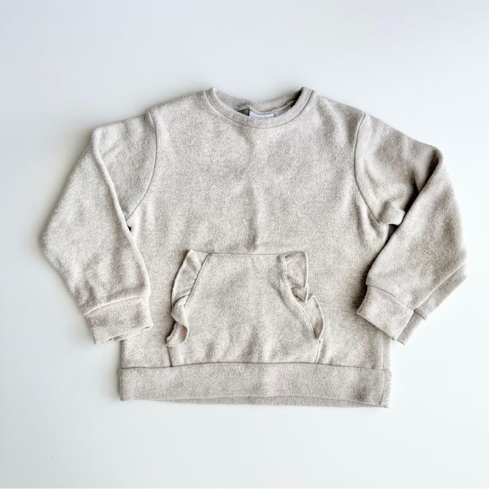 ZARA Girls Tan Knit Ribbed Frilled Kangaroo Pouch Sweater Size 4/5